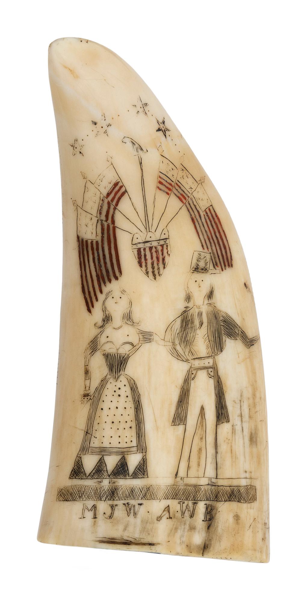 Appraisal: POLYCHROME SCRIMSHAW WHALE'S TOOTH WITH PATRIOTIC MOTIFS MID- TH CENTURY