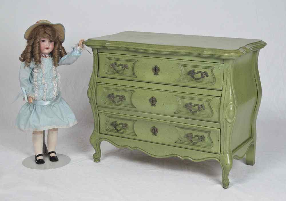 Appraisal: DIMINUTIVE FRENCH COUNTRY STYLE COMMODE BY BRANDT Green painted drawer