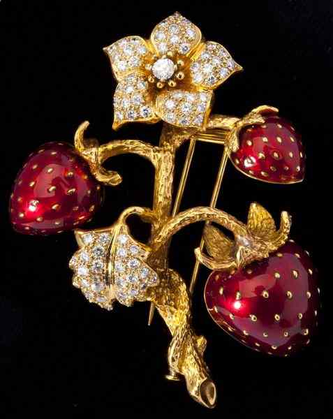 Appraisal: Diamond and Enamel Brooch Francedesigned as a flowering strawberry on