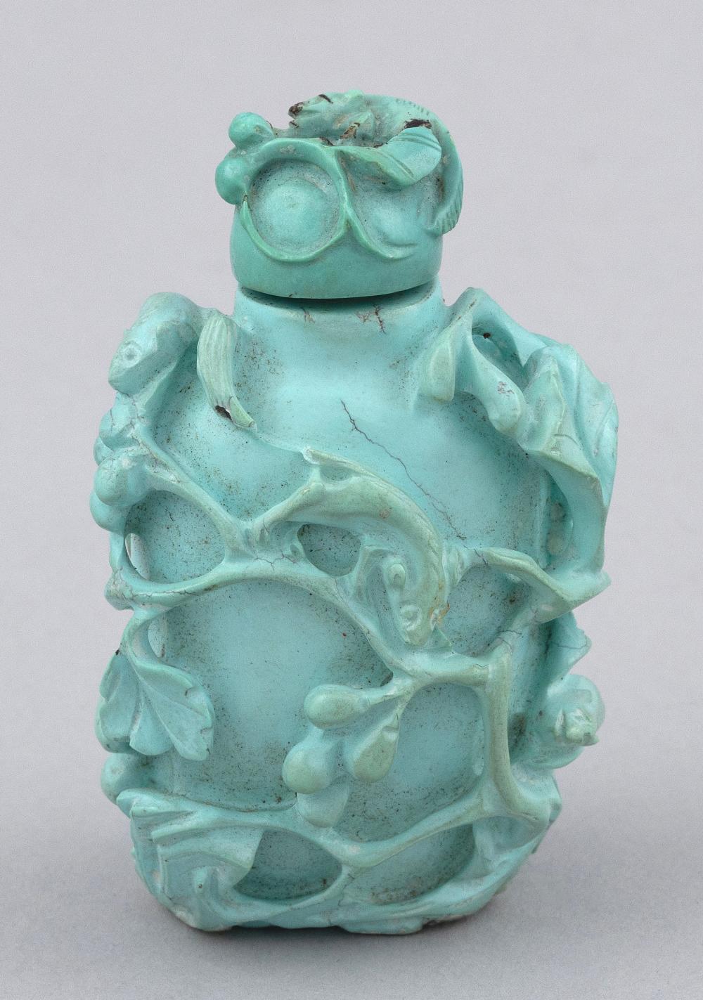 Appraisal: CHINESE CARVED TURQUOISE SNUFF BOTTLE TH TH CENTURY HEIGHT CHINESE