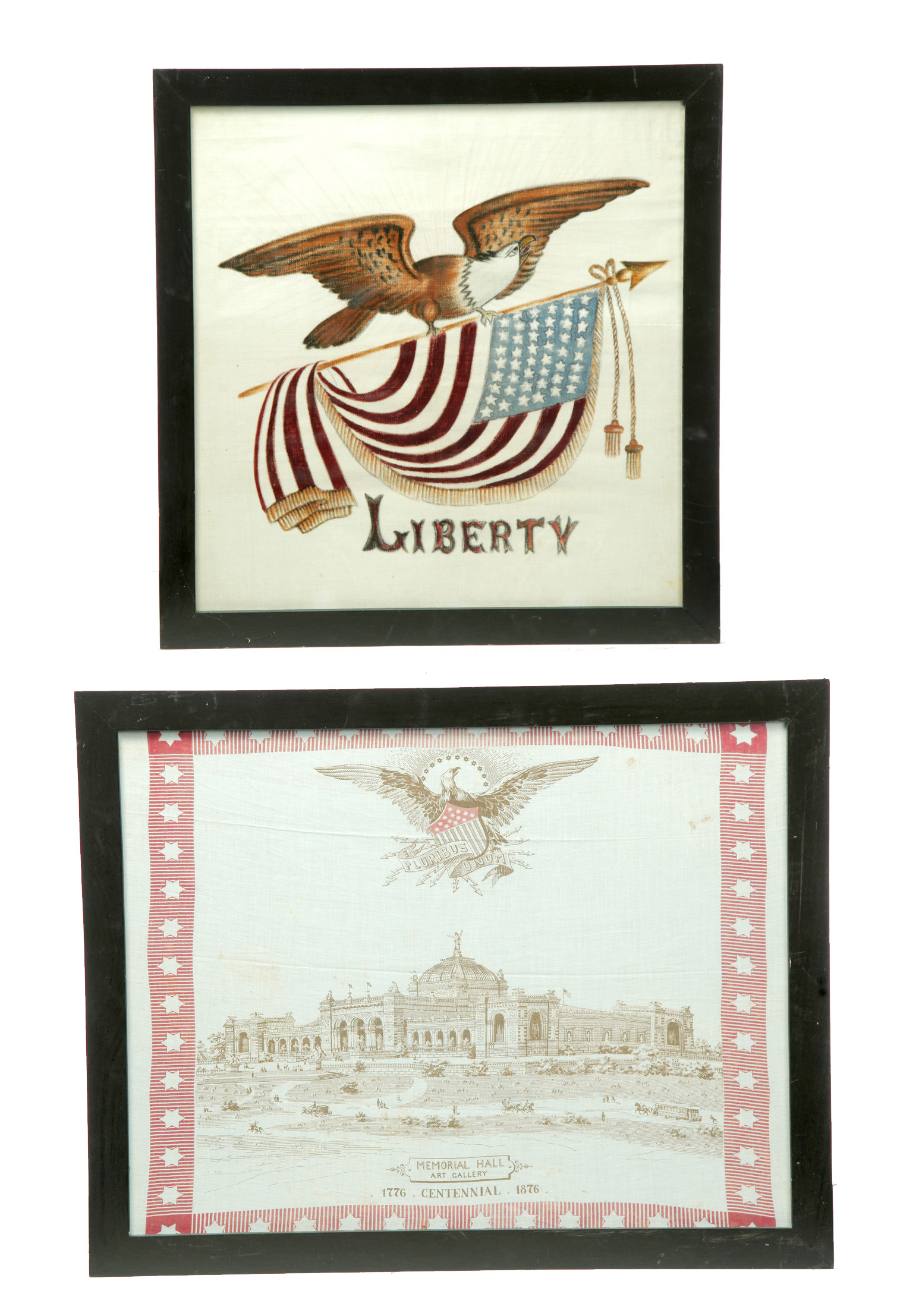 Appraisal: TWO FRAMED PATRIOTIC TEXTILES American Printed head scarf of Memorial