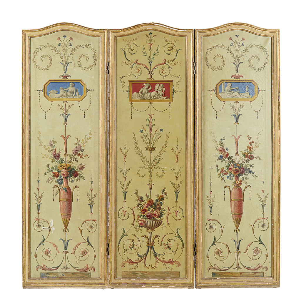 Appraisal: FRENCH GILTWOOD AND PAINTED THREE PANEL FLOOR SCREEN TH CENTURY