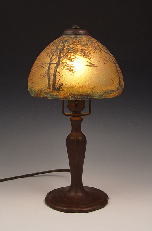 Appraisal: HANDEL BOUDOIR LAMP Domical shade painted in a landscape design