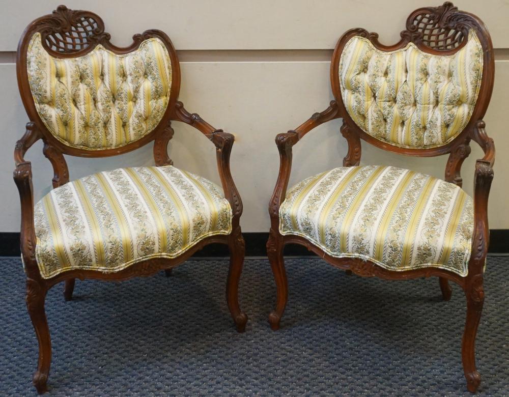 Appraisal: Pair Art Nouveau Style Carved Tufted Upholstered Armchairs