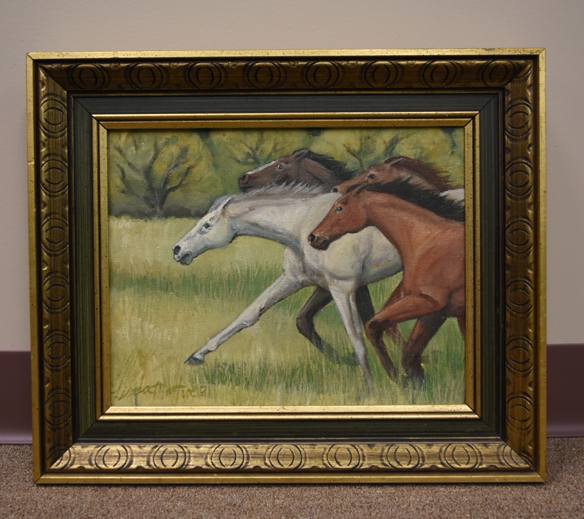 Appraisal: OIL PAINTING CANVAS W HORSES HOPEFULLS An oil painting on