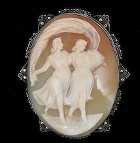 Appraisal: European Silver Hallmarked Two Sisters Carved Shell Brooch ca late