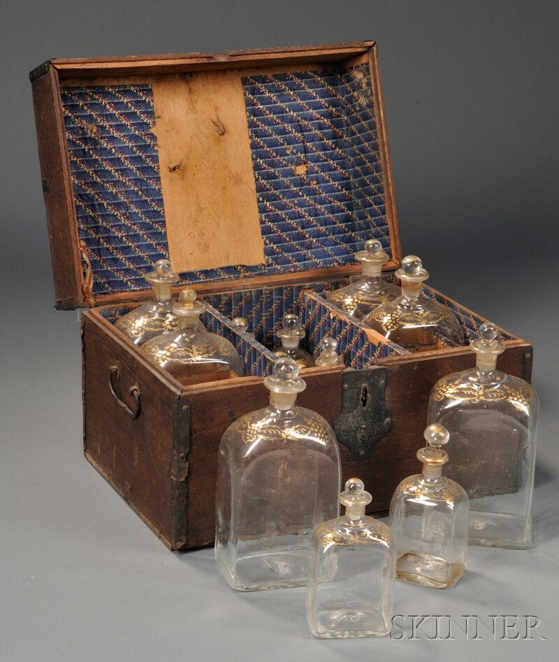 Appraisal: Oak Liquor Chest with Twelve Gilt-decorated Bottles probably England early