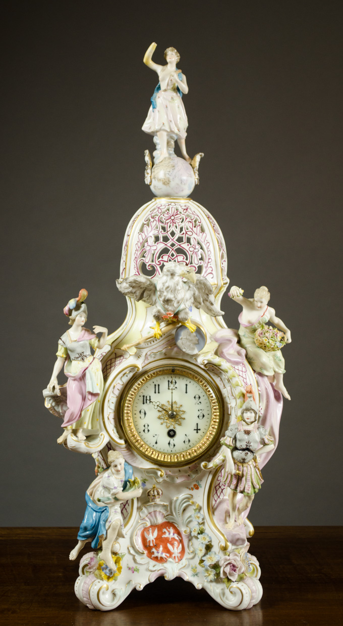 Appraisal: CARL THIEME PORCELAIN CASE CLOCK with pierced dome five figurines