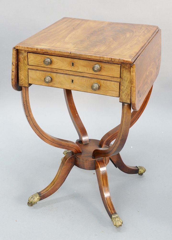 Appraisal: Regency sewing stand mahogany with line inlays and drawers on