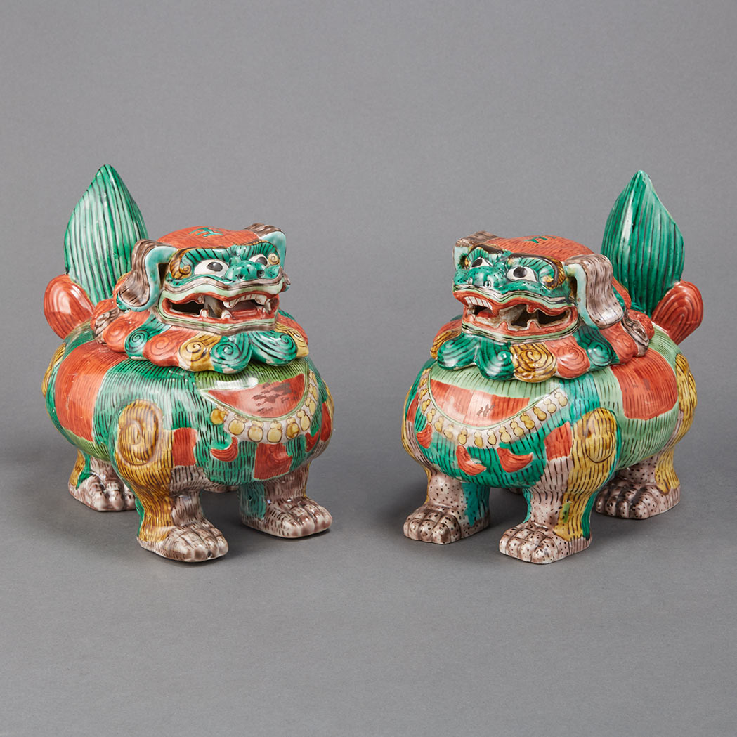 Appraisal: Pair of Chinese Famille Verte Glazed Porcelain Fu Lion Censers