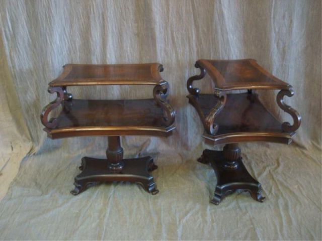 Appraisal: Pair of Pedestal Tier End Tables With banding and inlay