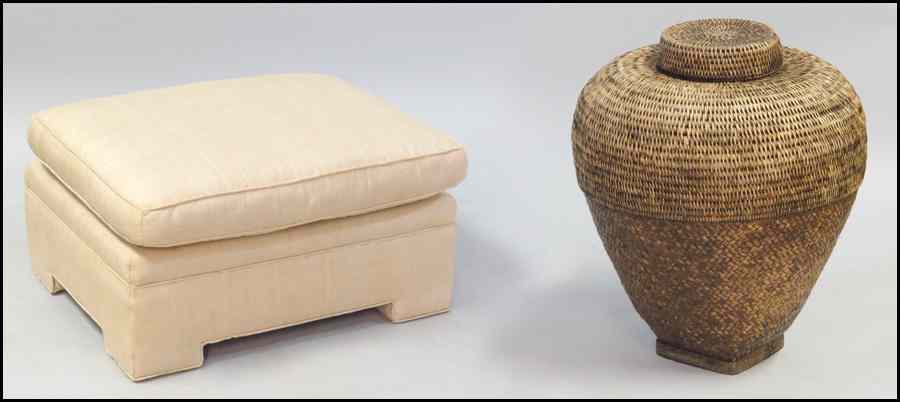 Appraisal: INTERIOR CRAFTS UPHOLSTERED OTTOMAN Together with lidded basket H ''