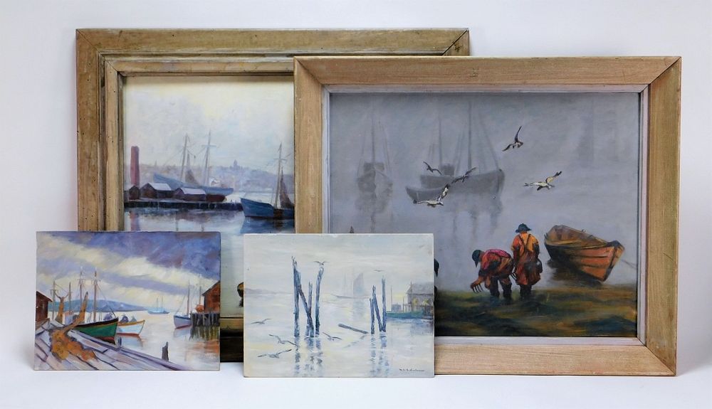 Appraisal: Impressionist Nautical Maritime Harbor Paintings United States th Century Three