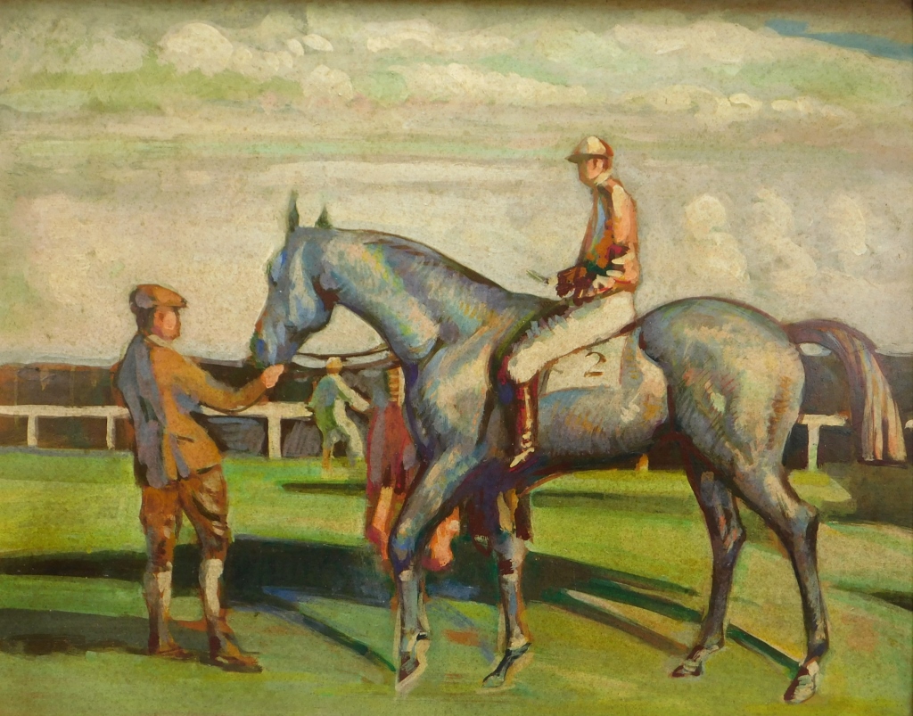 Appraisal: LG AMERICAN SOCIAL REALIST JOCKEY HORSE PAINTING United States th