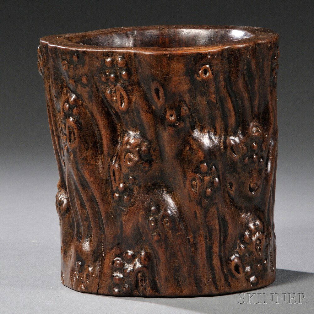 Appraisal: Wooden Brush Pot China th th century carved to simulate