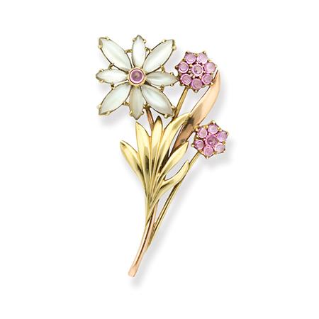 Appraisal: Two-Color Gold Moonstone and Cabochon Pink Sapphire Flower Brooch Estimate