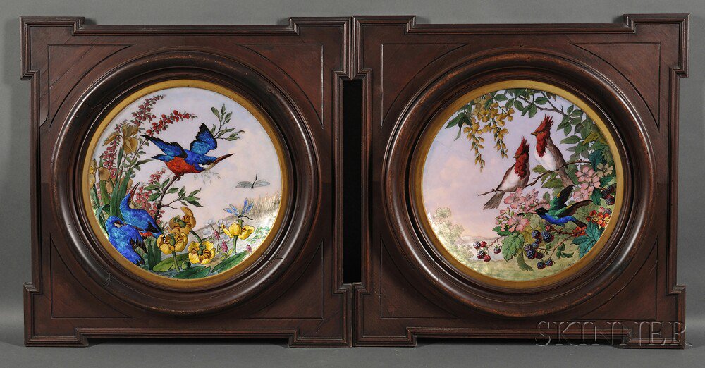 Appraisal: Pair of Framed Aesthetic Movement Enamel-on-copper Plaques probably France c