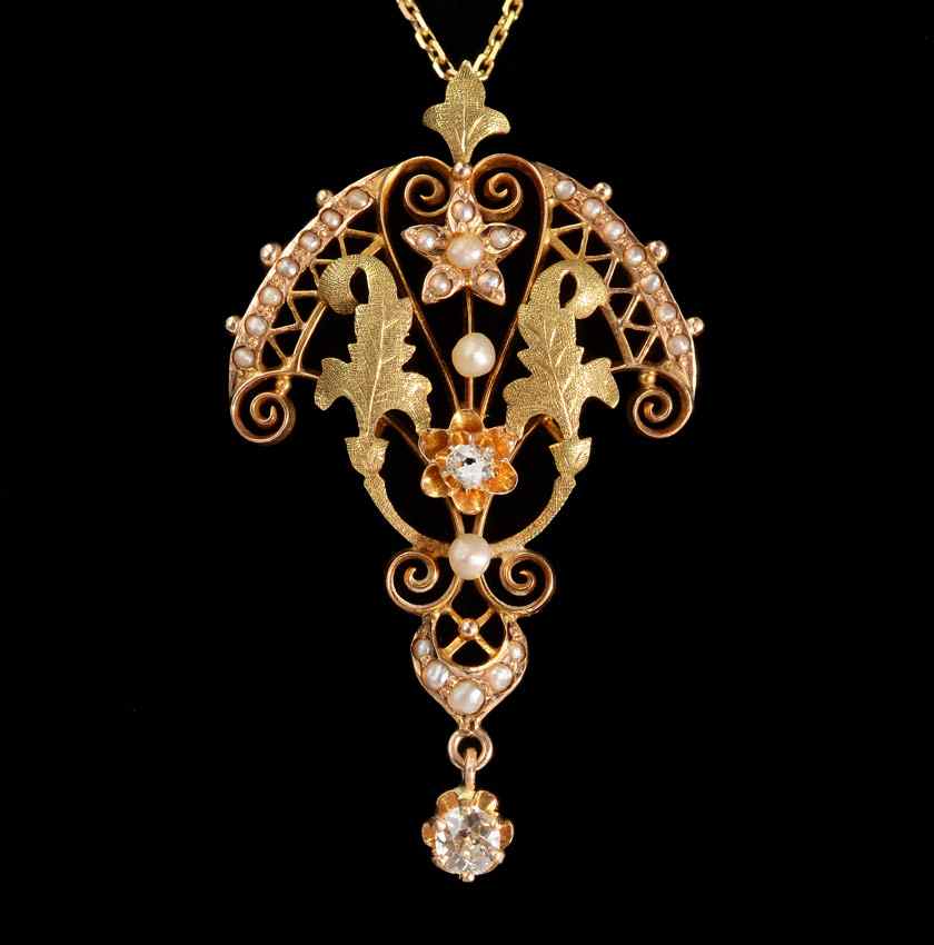 Appraisal: ART NOUVEAU DIAMOND LAVALIER NECKLACE K rose and yellow gold