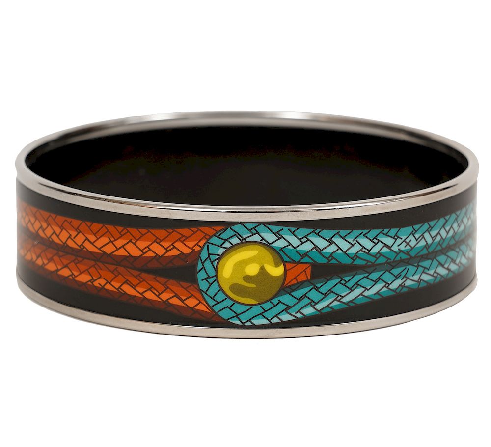 Appraisal: Hermes Enamel Bangle Bracelet Hermes Enamel Bangle with Leather Bracelet