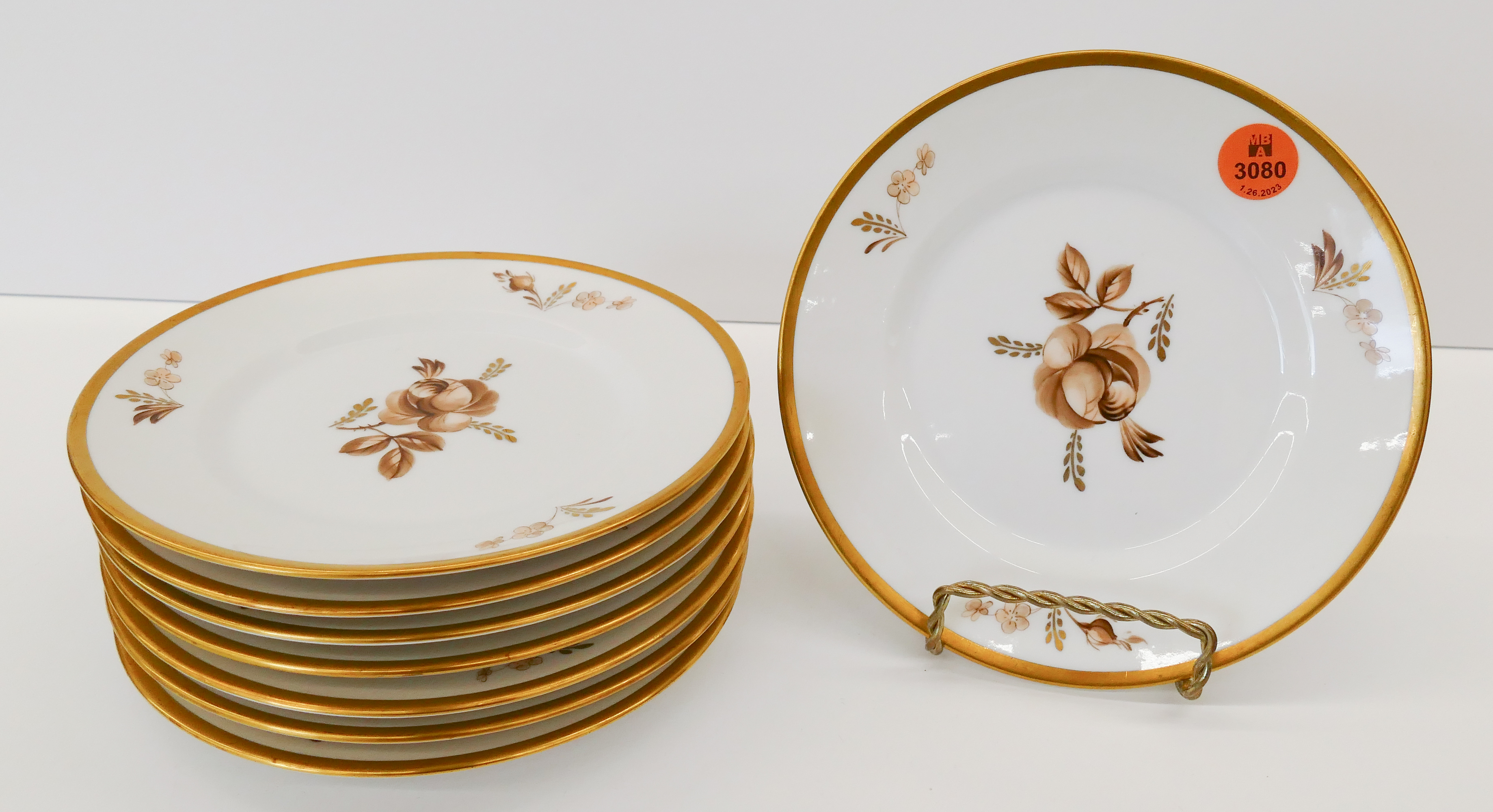 Appraisal: pc Royal Copenhagen Brown Rose Porcelain Bread Plates Gilt decoration