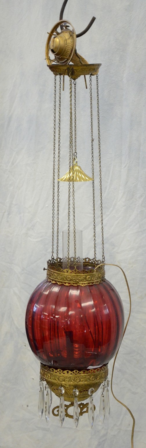 Appraisal: Cranberry glass Victorian hall lamp ribbed shade electrified fixture plus