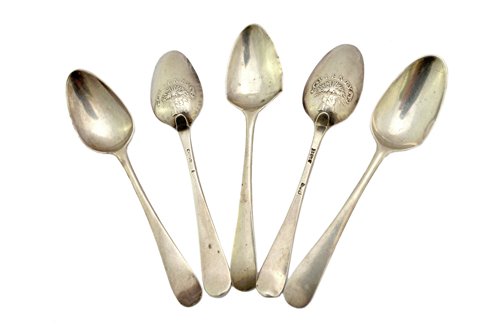 Appraisal: Five silver picture back bottom marked teaspoons the backs of