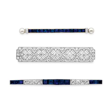 Appraisal: Three Diamond and Sapphire Bar Pins Estimate -