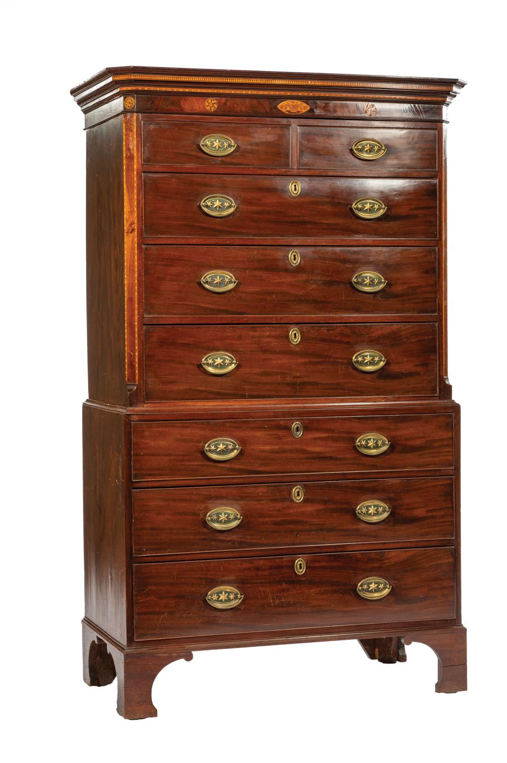 Appraisal: George III-Style Inlaid Mahogany Chest-on-Chest stepped cornice upper case with