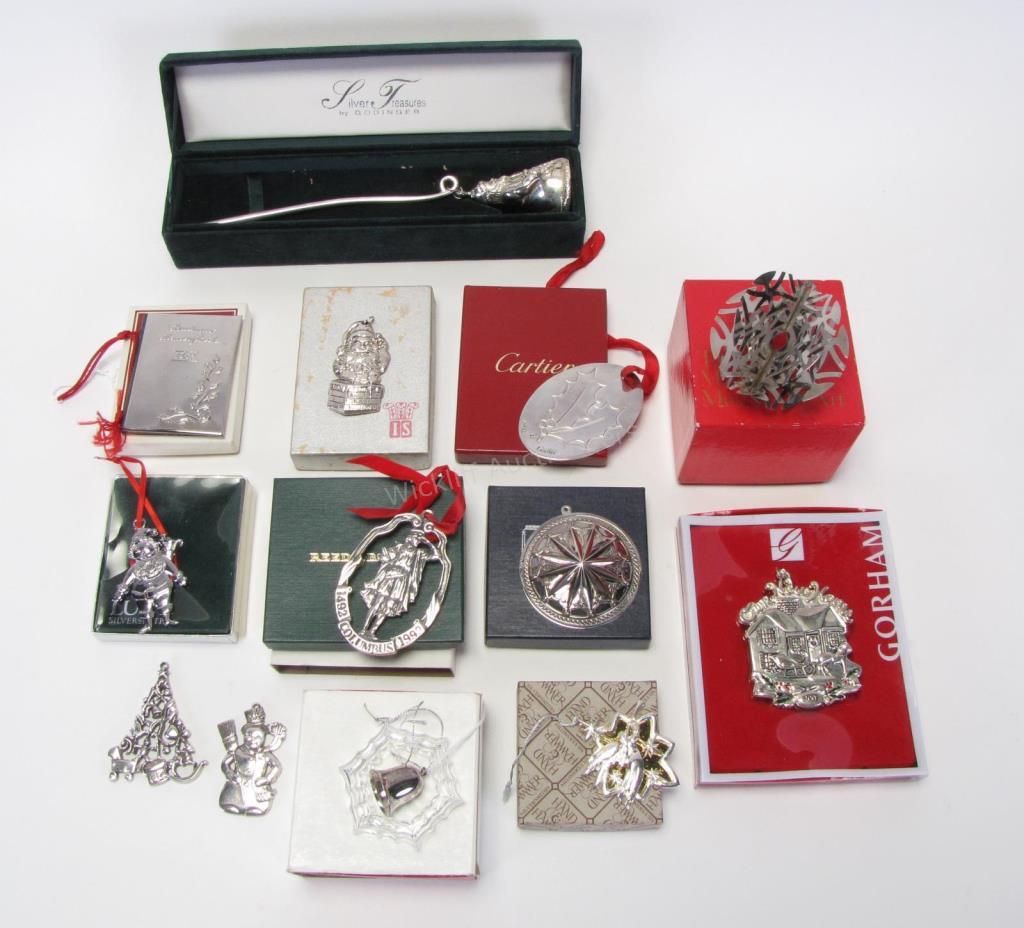 Appraisal: Group of silverplate ornaments and candle snuffer total including a