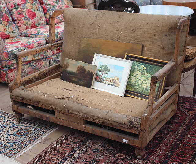 Appraisal: AN ANTIQUE TWO SEATER SOFA FRAME for re-upholstering cm wide