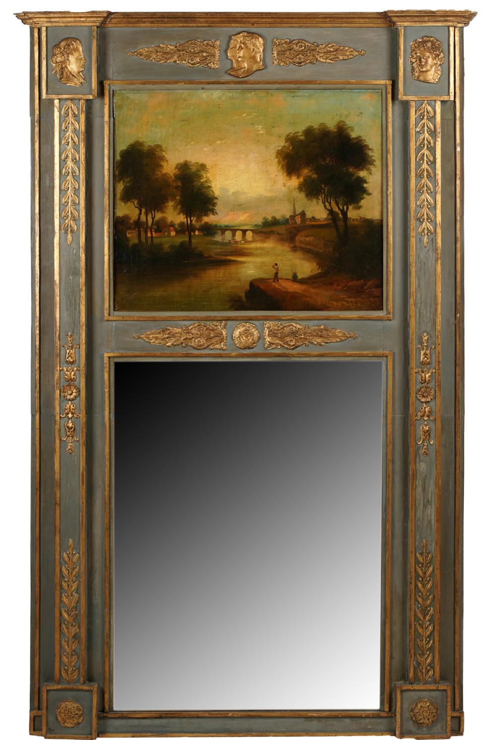 Appraisal: GILT PAINTED WOOD TRUMEAU MIRRORwith inset oil on canvas panel