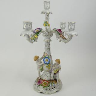 Appraisal: Vintage Von Schierholz Dresden Porcelain Figural Light Candelabra Decorated with