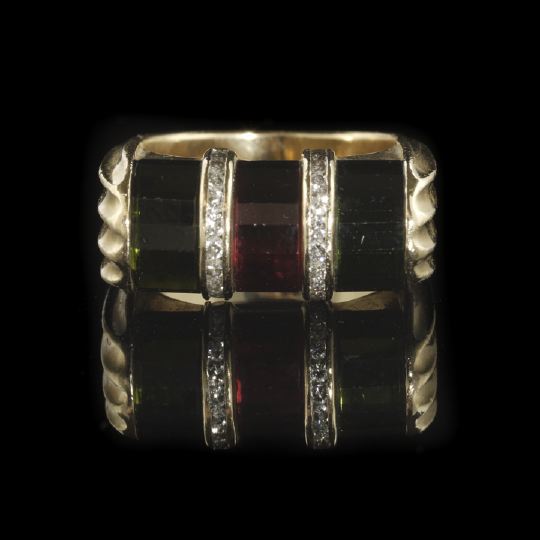 Appraisal: Stunning Fourteen-Karat Yellow Gold Tourmaline Garnet and Diamond Saddle Ring