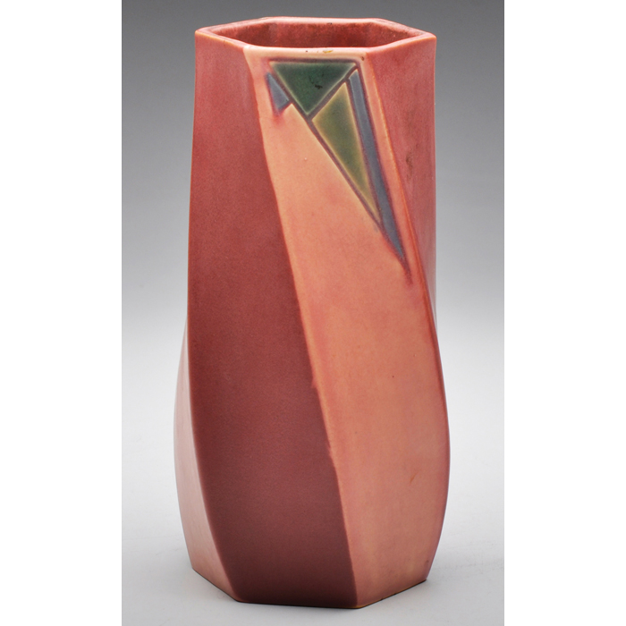 Appraisal: Roseville Futura vase twisting shape in pink with geometric designs