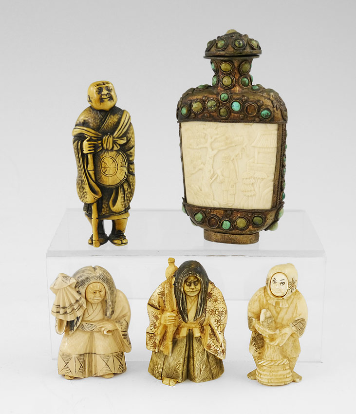 Appraisal: COLLECTION OF CARVED IVORY NETSUKE CARVED JAR pieces total to