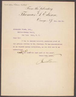 Appraisal: THOMAS EDISON AUTOGRAPH LETTER A THOMAS A EDISON AUTOGRAPHED LETTER