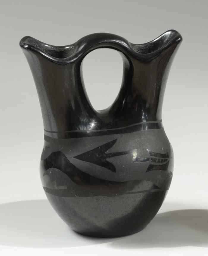 Appraisal: SAN ILDEFONSO BLACK ON BLACK WEDDING VASE with Avanyu water