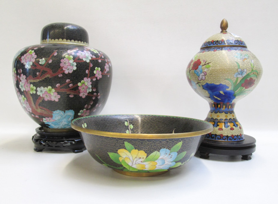 Appraisal: THREE PIECES CHINESE CLOISONNE including a black ginger jar with