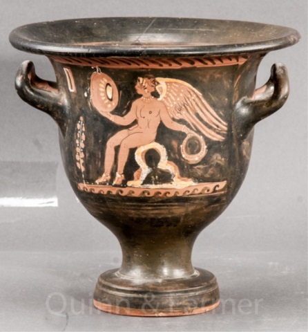 Appraisal: Greek Red-Figure Krater Repaired Female sphinx on one panel and