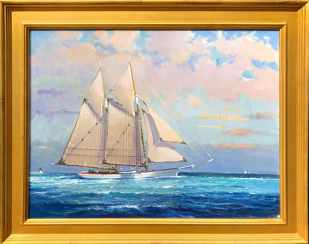 Appraisal: William Lowe Oil on Canvas Old Timer Departing Nantucket Harbor