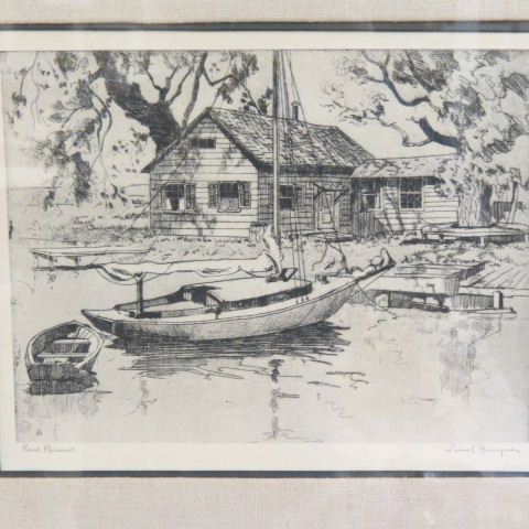 Appraisal: Lionel Barrymore etching Point Pleasant boats docked by a waterfront