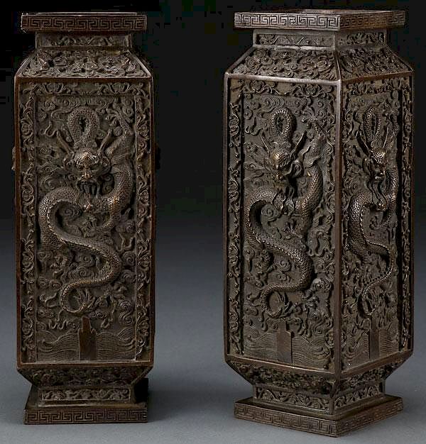 Appraisal: A PAIR OF CHINESE DRAGONS BRONZE VASES A PAIR OF