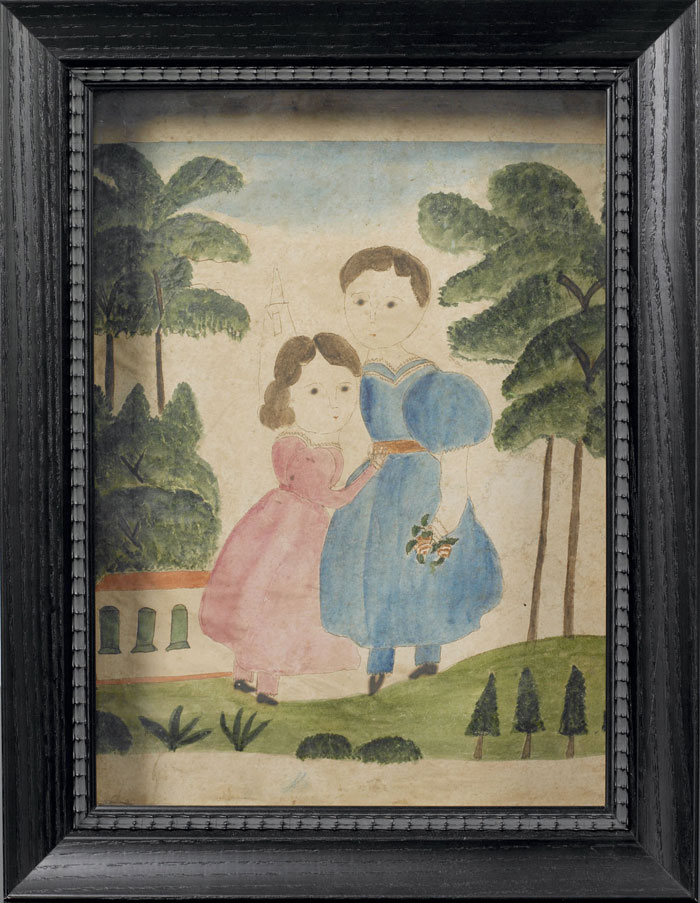 Appraisal: NEW ENGLAND FOLK ART WATERCOLOR OF TWO SISTERS CIRCA In