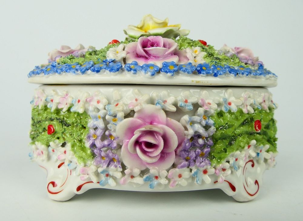 Appraisal: HUNGARIAN PORCELAIN COVERED BOX RAISED FLOWERS Signed KLC measures wide