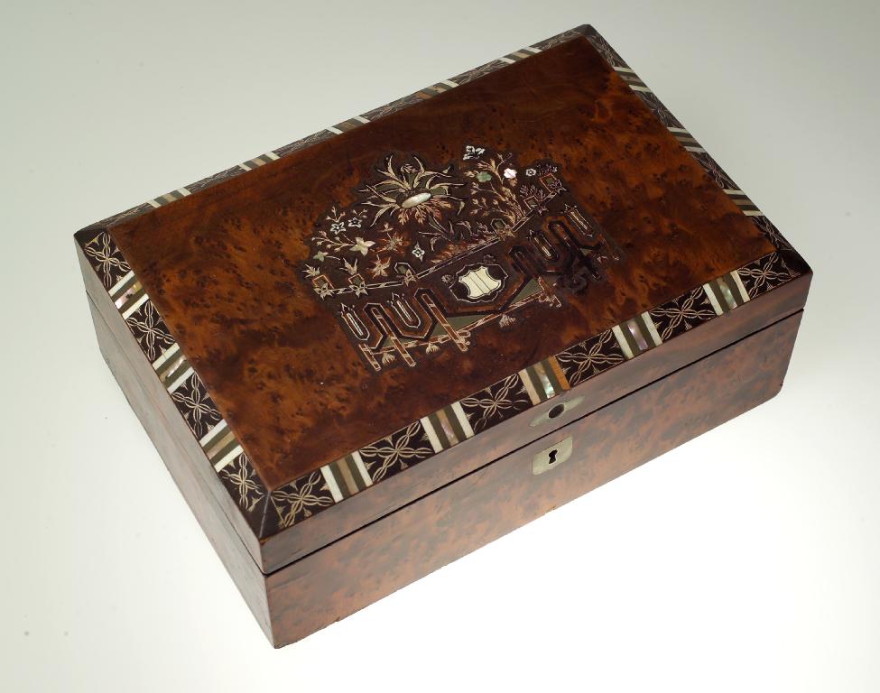 Appraisal: th CENTURY INLAID BURR-WOOD STATIONERY BOX the cover inlaid with