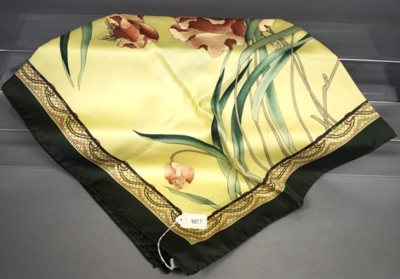 Appraisal: Jaeger green yellow botanical print with pink silk scarf Approx