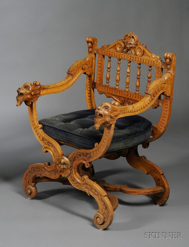 Appraisal: Victorian Italian Renaissance Style Upholstered Carved Walnut Armchair