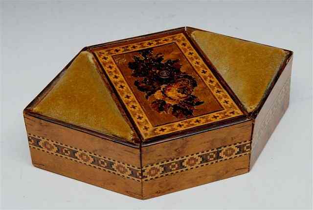 Appraisal: A TUNBRIDGEWARE WORK BOX with triangular corners inset pin cushions