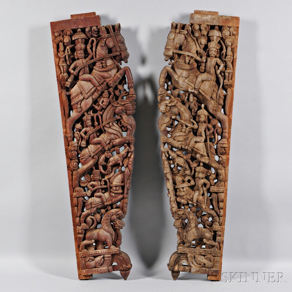 Appraisal: Pair of Carved Wood Doorframe Brackets India with carvings on