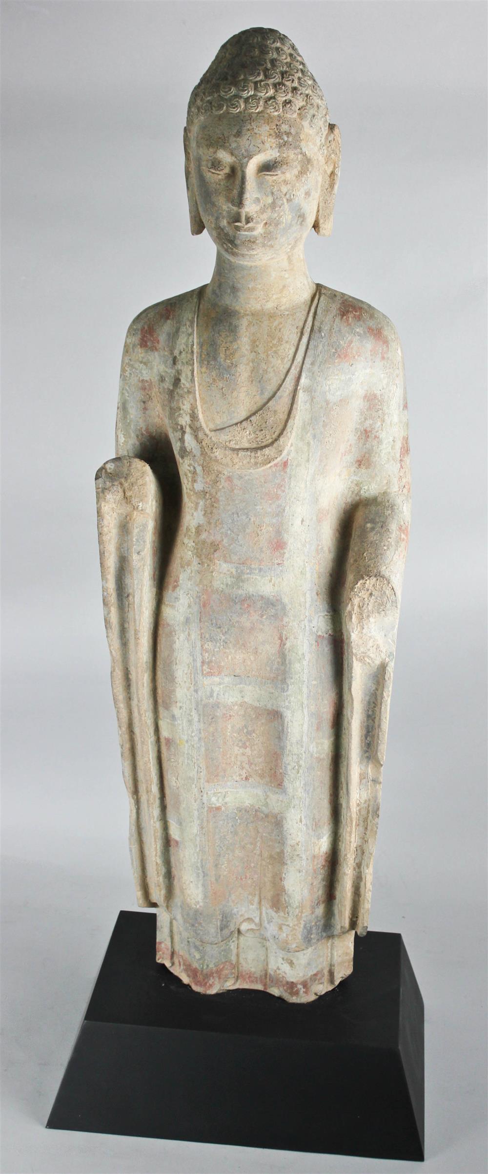 Appraisal: PAINTED STONE FIGURE OF THE BUDDHA NORTHERN WEI DYNASTY the